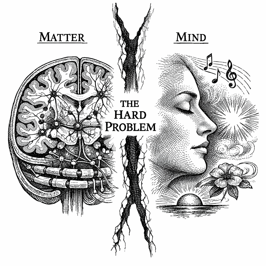 The Hard Problem of Consciousness. On one side, the complete syntactic machinery of the brain---neurons, synapses, neurotransmitters, ion channels---mapped with exquisite precision. On the other, the irreducible qualitative fire of subjective experience. No equation in biochemistry bridges the gap.