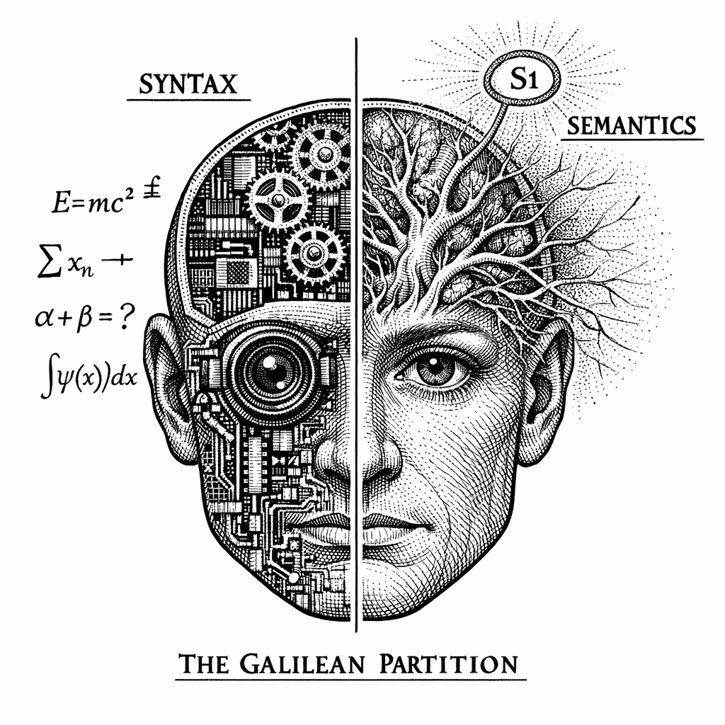 The Galilean Partition. On one side, the Syntactic Universe of primary qualities---mass, charge, velocity, spacetime curvature---rendered in the cold precision of mathematical equations. On the other, the exiled domain of secondary qualities---color, pain, meaning, the inner fire of subjective experience. For four hundred years, physics claimed the left and abandoned the right. Dimensional Field Theory proposes they are two projections of a single, unified geometric reality.