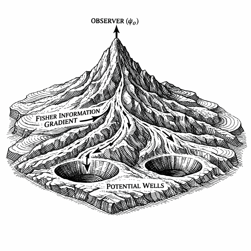 The Fisher Information landscape. The observer occupies the peak of a thermodynamic mountain. As attention narrows and informational entropy drops, Fisher Information gradients flow downward like rivers of pure information toward deep potential wells, exerting the \lambda \sim 10^{-10} thermodynamic force on the physical boundary.