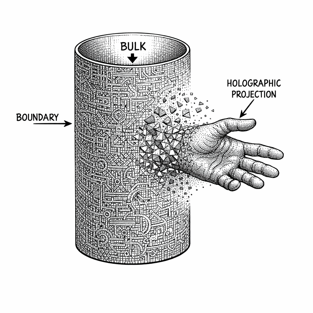 The holographic projection. The higher-dimensional Bulk (cylinder) encodes quantum information on its two-dimensional Boundary surface. A three-dimensional holographic projection---here a human hand---materializes from the scrambled boundary data, illustrating the AdS/CFT correspondence at the heart of DFT.