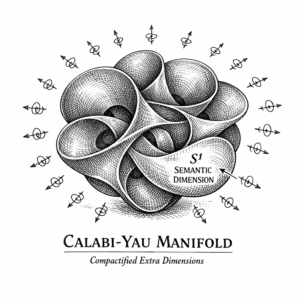 The Compactified Geometry of Reality. In String Theory, six extra spatial dimensions are curled into microscopic Calabi-Yau manifolds at every point in spacetime. Dimensional Field Theory proposes a single additional compactified dimension---the S^1 Semantic Dimension---serving as the topological axis of subjective awareness.