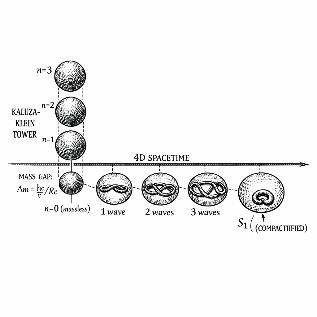 The Kaluza-Klein Mass Tower of the S^1 Semantic Dimension. The compactified circle of radius R_c = 2\,\mu\text{m} quantizes the momentum of the Semantic Field into discrete harmonic modes (n = 0, 1, 2, \ldots). The zero-mode sits at the baseline of ordinary matter. The first excited mode---the Mass Gap \Delta m = \hbar c / R_c \approx 0.1\,\text{eV}---aligns precisely with the mass scale of the neutrino, the ghost particle of the Standard Model. The biological brain, operating on fractions of an electron volt, sits squarely within coupling range of this tower.