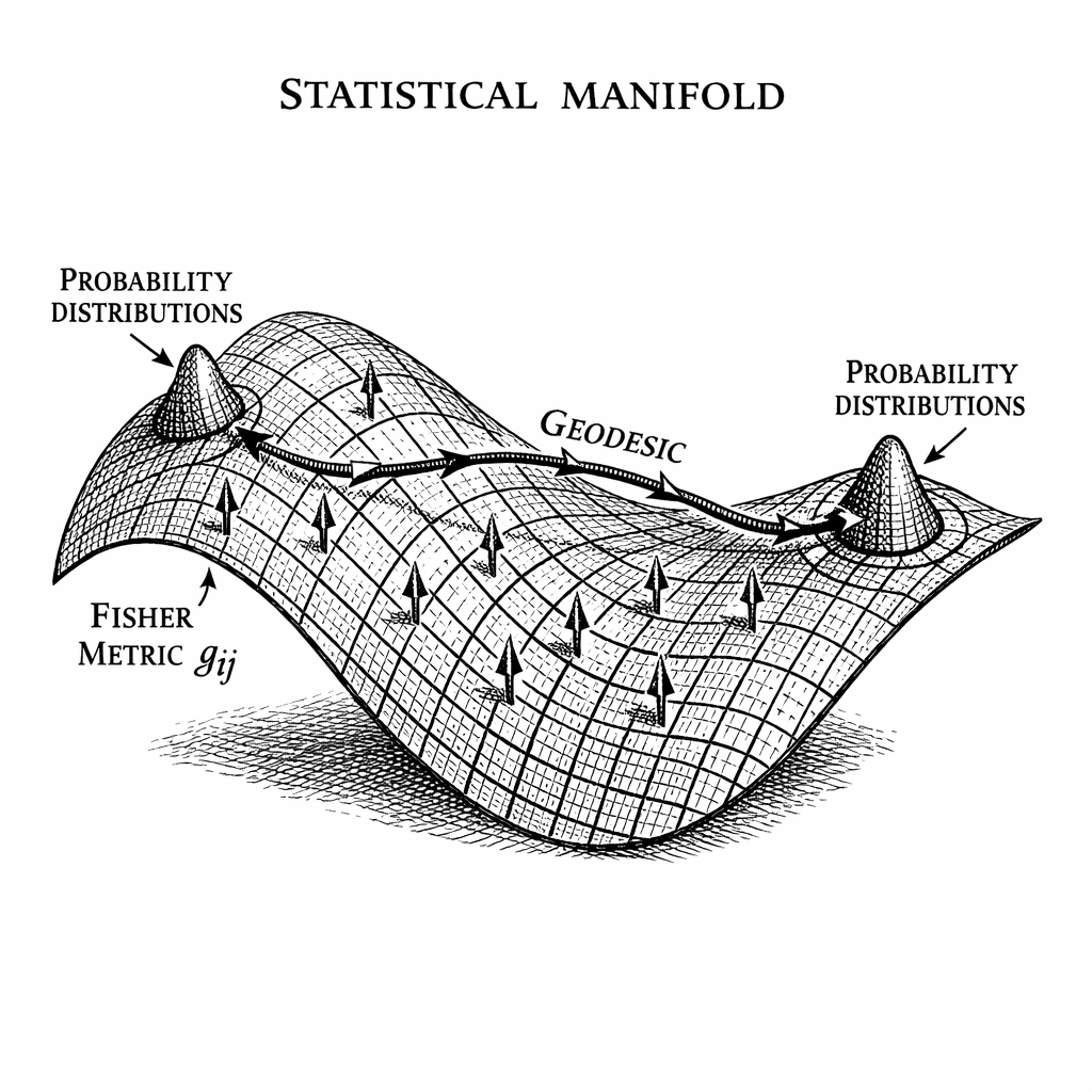 The Statistical Manifold of the Semantic Dimension. In Information Geometry, probability distributions form a curved Riemannian surface whose metric is the Fisher Information Matrix. Geodesics trace the shortest paths through probability space. When the observer focuses attention, the manifold warps---creating a thermodynamic gravity well that drives wave-function collapse along the steepest informational gradient.
