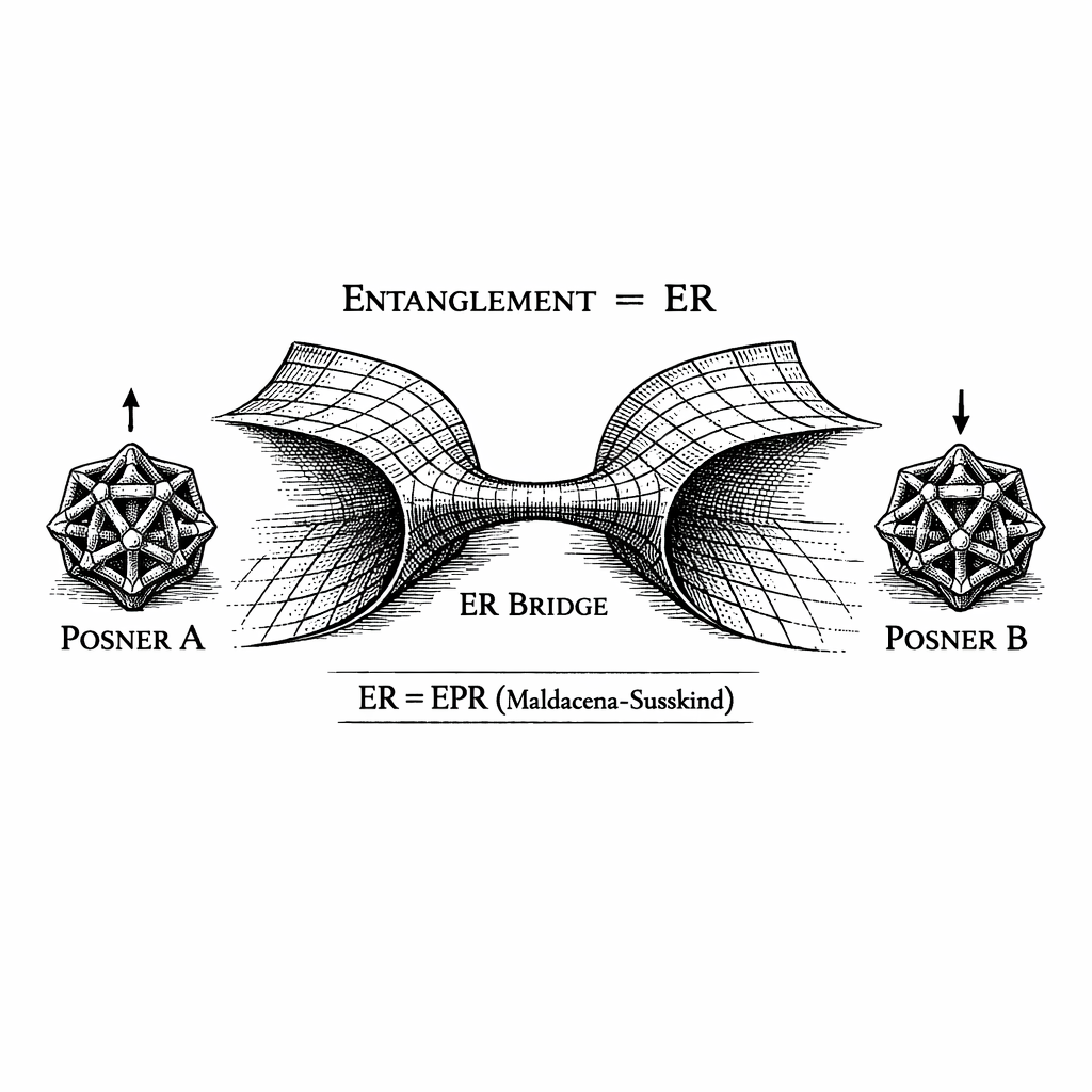 Entanglement as Geometry. Two Posner molecules (\text{Ca}_9(\text{PO}_4)_6), separated by macroscopic distances in the 3D brain, are connected through a microscopic Einstein-Rosen bridge threading the S^1 Semantic Bulk. According to the Maldacena-Susskind conjecture (ER = EPR), quantum entanglement is not an abstract statistical correlation---it is a literal geometric wormhole.