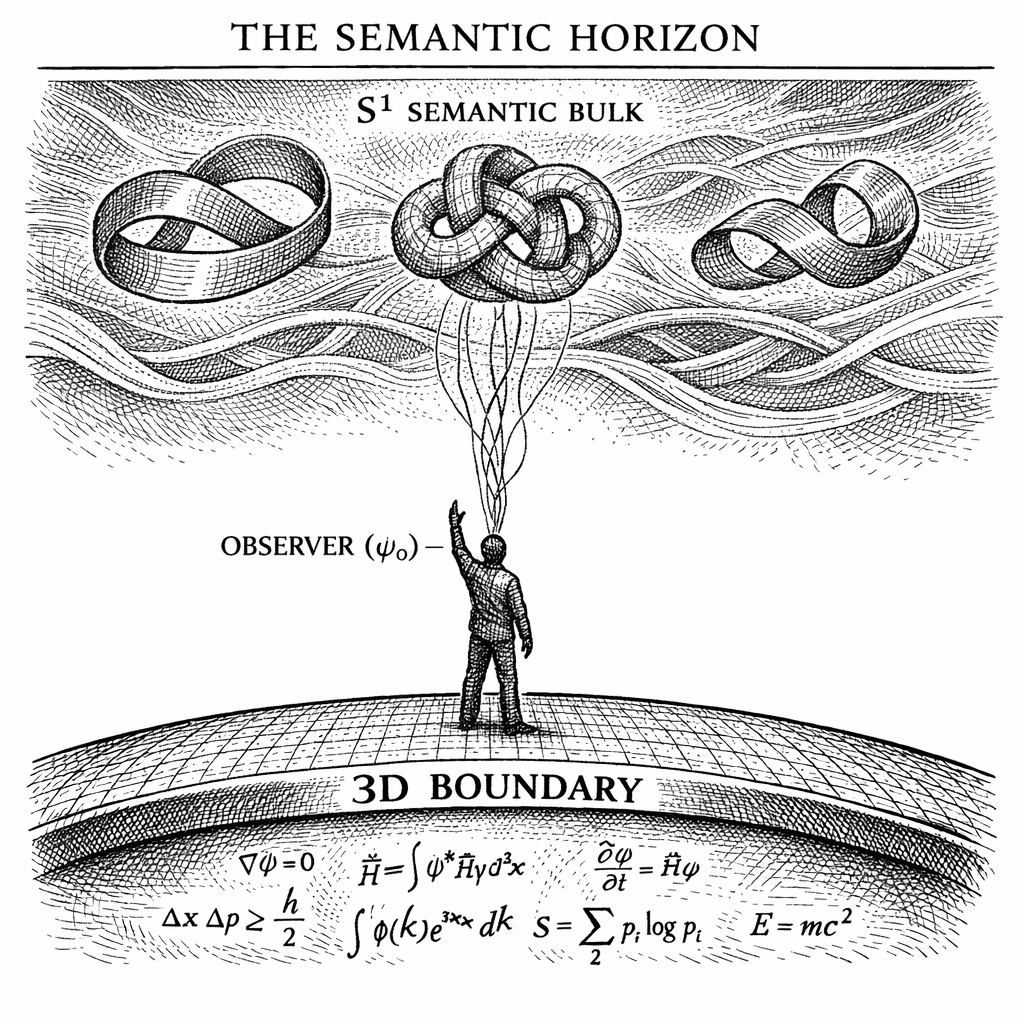 The Semantic Horizon. An observer stands at the 3D Holographic Boundary---the world of length, width, height, and time---while reaching into the S^1 Semantic Bulk through the Decoherence-Free Subspace of the Posner network. Beyond the horizon, the Kaluza-Klein tower of mass modes rises from the compactified circle, carrying the quantized momentum of awareness. The 4D physicist sees only effective mass; the deeper geometric truth---that consciousness is momentum in a hidden dimension---is visible only from the Bulk.