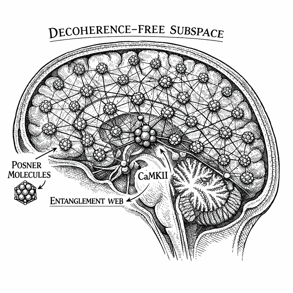 The Posner molecule brain-wide antenna. Millions of Posner molecules (\text{Ca}_9(\text{PO}_4)_6) distributed throughout the cortex form a unified quantum entanglement web via entanglement swapping through CaMKII Bell-state analyzers. The entire brain operates as a single macroscopic Decoherence-Free Subspace---a biological Topological Antenna tuned to the S^1 Semantic Dimension.
