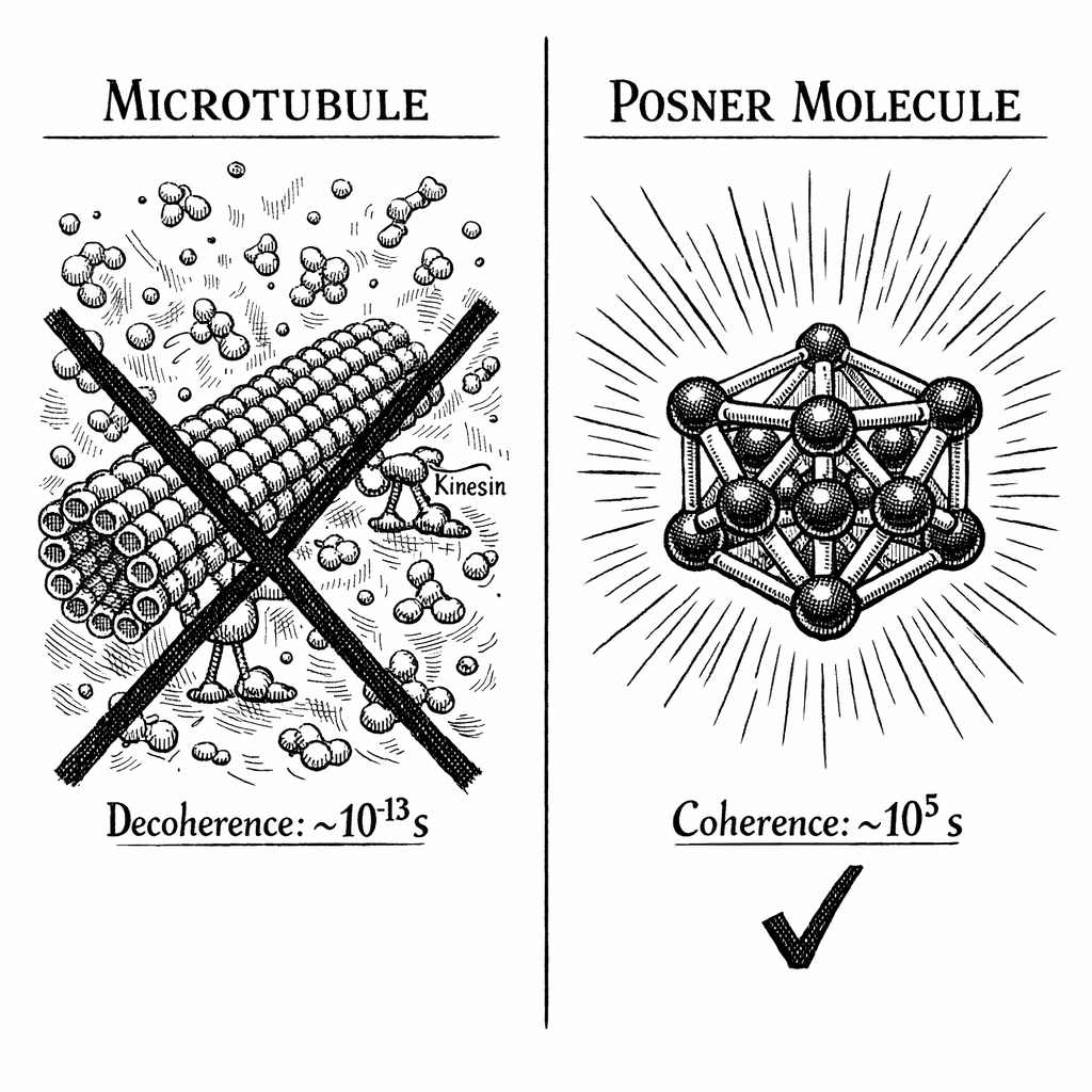 Orch-OR defeated, DFT vindicated. Left: Microtubules---massive, wet, structurally exposed protein scaffolding bombarded by water molecules and kinesin motor traffic. Tegmark's 10^{-13}s decoherence limit destroys any quantum superposition billions of times faster than a neuron can fire. Right: The Posner molecule (\text{Ca}_9(\text{PO}_4)_6)---a rigid crystalline cage where the magnetically dead Calcium-40 shell acts as a perfect diamagnetic Faraday cage, extending quantum coherence to \sim10^5 seconds.