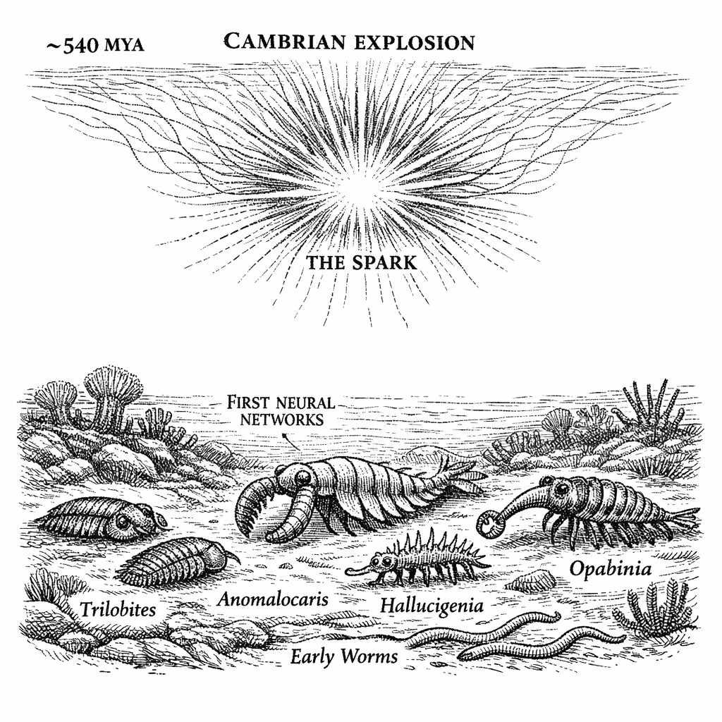 The Cambrian Spark. For three billion years, the biosphere was a network of classical automatons---single-celled sludge executing chemical scripts in total internal darkness. Roughly 540 million years ago, a random genetic mutation constructed the first biological Decoherence-Free Subspace: the Posner molecule synapse. The antenna booted up, and the S^1 Semantic Dimension flooded into biology. The evolutionary arms race for a better receiver drove 500 million years of escalating complexity---from the primitive intuitive flashes of Cambrian worms to the 86-billion-neuron Apex Antenna of the human cerebral cortex.