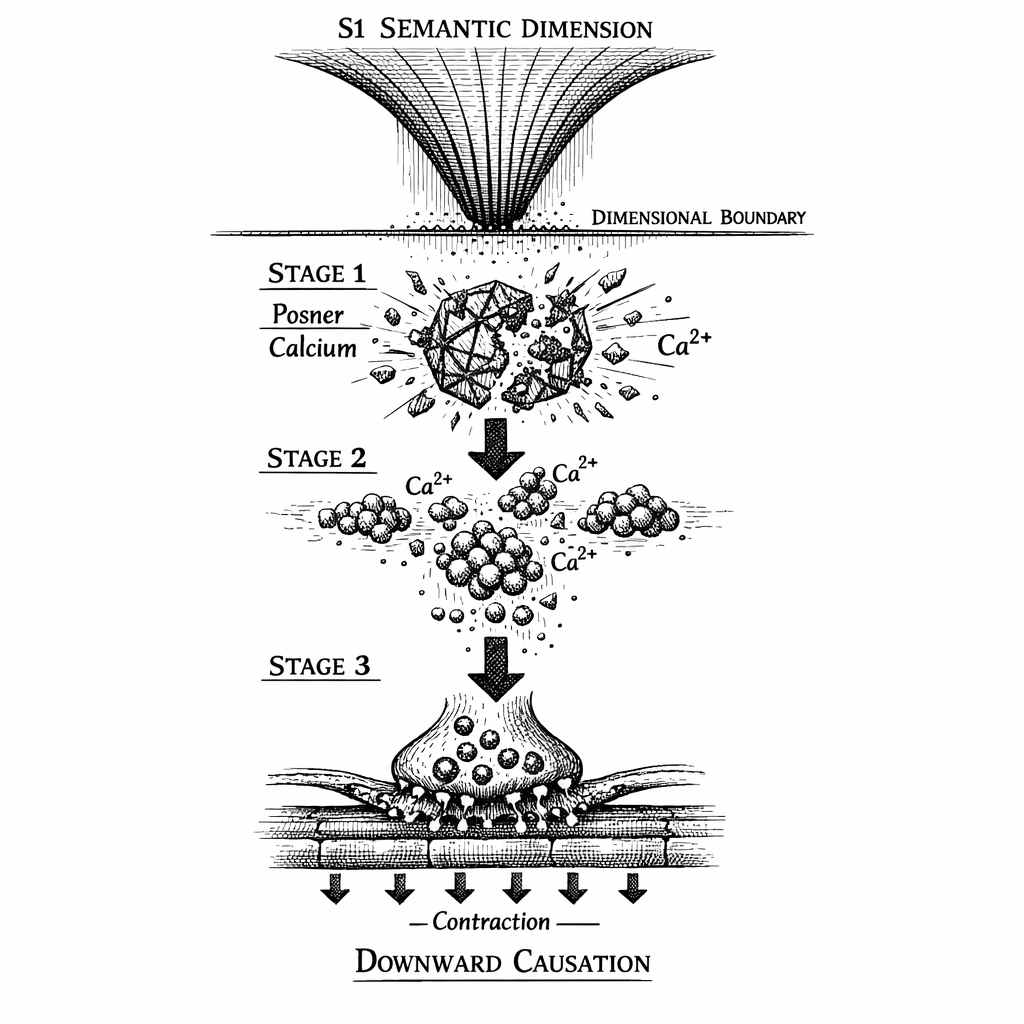 Downward Causation: The Calcium Avalanche. The Fisher Information gradient from the S^1 Semantic Dimension crosses the dimensional boundary, collapsing the Posner molecule's nuclear spin state. The resulting calcium ion release triggers a CaMKII cascade, AMPA receptor insertion, and a full-scale action potential---the mechanism by which the ghost pulls the biological trigger.