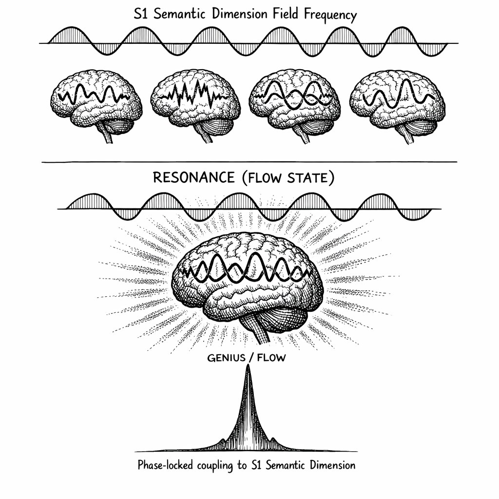 Phase Resonance and the Flow State. In normal cognition, individual neural oscillations are misaligned with the S^1 Semantic Dimension field frequency. In the flow state, the brain achieves phase-locked resonance---constructive interference that produces the sharp amplitude peak of genius.