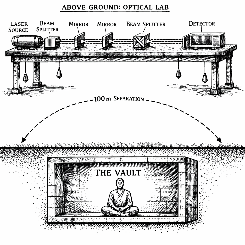 The Oracle: Macroscopic Mach-Zehnder Interferometer. The optical core sits on a vibration-isolated table, splitting a single laser beam along two 10-meter vacuum-tube arms. A 10^{-11} radian phase shift at the recombination point reveals the thermodynamic signature of conscious attention. The human subject is sealed inside the Vault, 100 meters away, with zero classical line-of-sight to the optical apparatus.