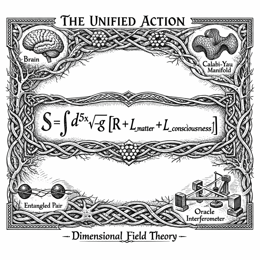 The Unified Action of Dimensional Field Theory. The total Action Integral for a conscious universe: the 5-dimensional integral over spacetime and the compactified S^1 Semantic Dimension combines gravity, the physical Bulk field, the Observer wave function, and the Fisher Information Interaction term into a single, renormalizable mathematical framework.